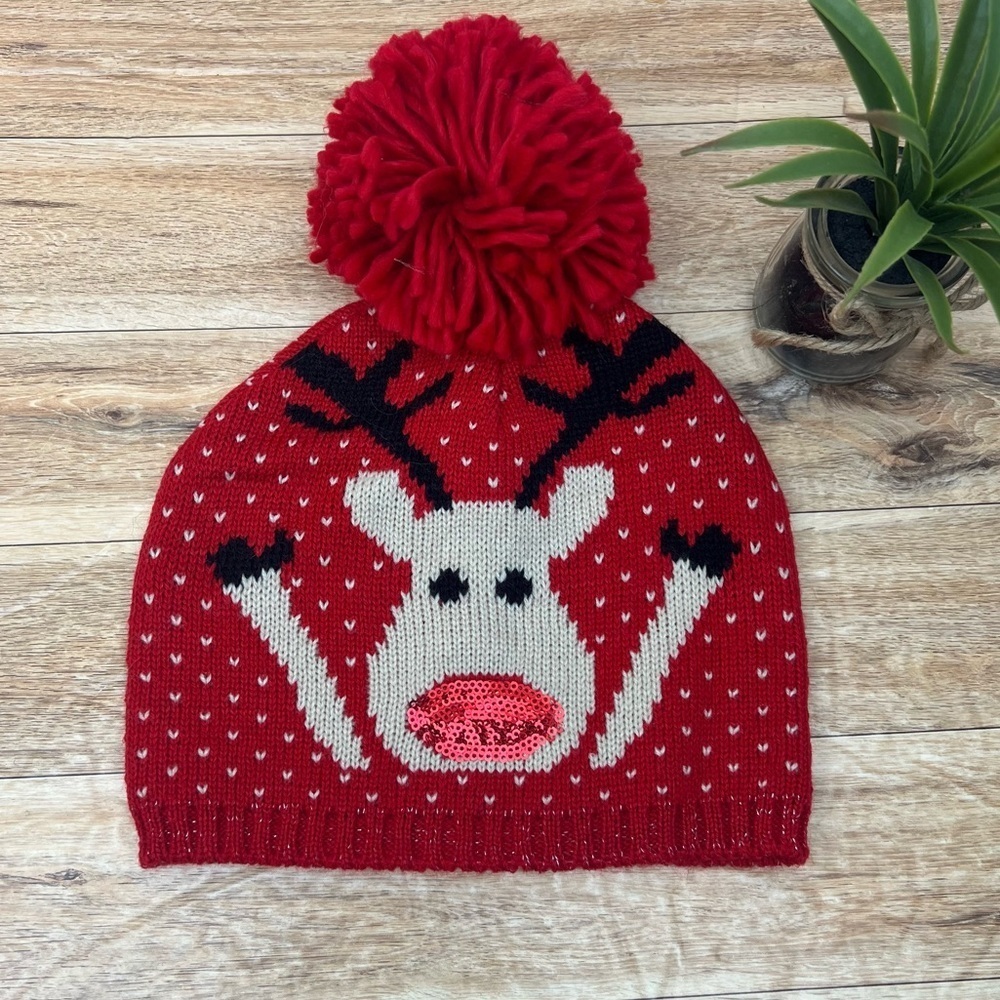David & Young Sequin Reindeer Holiday Beanie